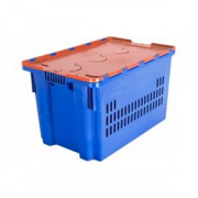 Ящик с крышкой 600x400x365 перфорированные стенки синий с оранжевой крышкой