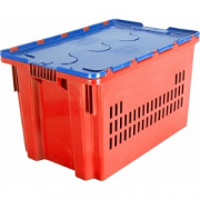 Ящик с крышкой 600x400x365 перфорированные стенки красный с синей крышкой 