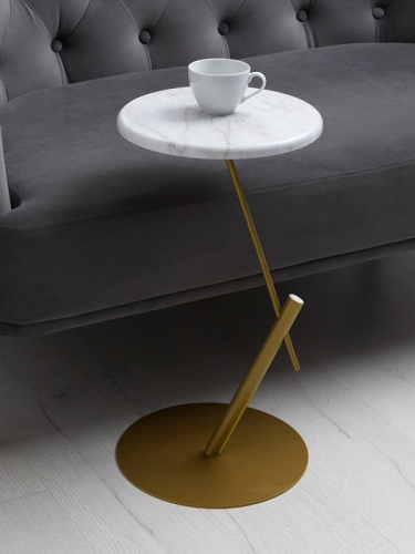 Стол приставной круглый МеталлАрт М015 белый мрамор золото 