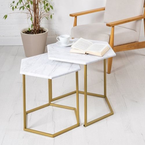 Стол журнальный МеталлАрт М003 белый мрамор золото 