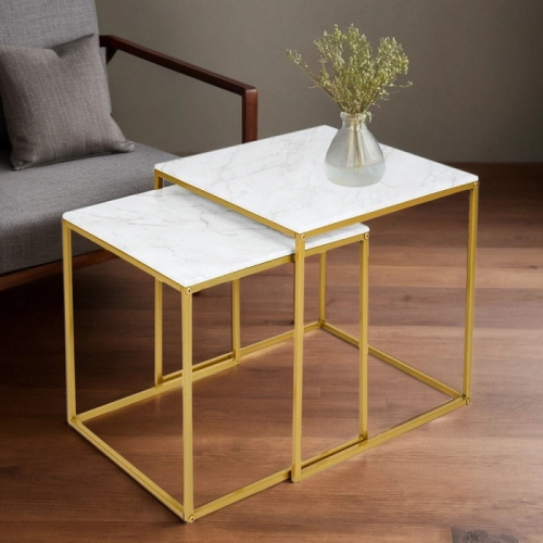 Стол журнальный МеталлАрт М002 белый мрамор золото 