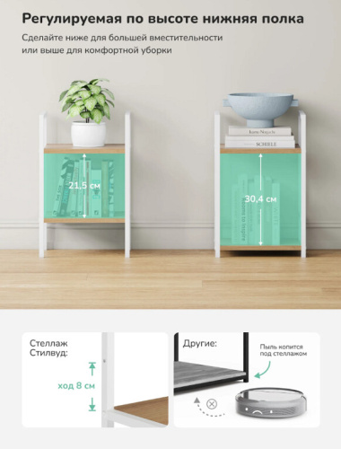 Стеллаж Leset Стилвуд 12 узкий 2 полки белый дуб крафт золотой 