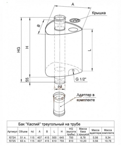 Бак Каспий 51л треугольный на трубе Ф115 (AISI 201/1.0)