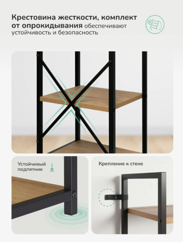 Стеллаж Leset Стилвуд 15 узкий 5 полок черный дуб крафт золотой 