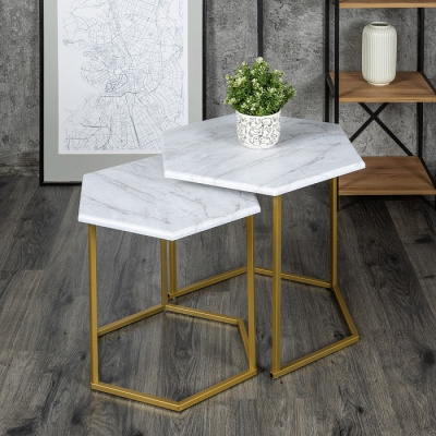 Стол журнальный МеталлАрт М003 белый мрамор золото 