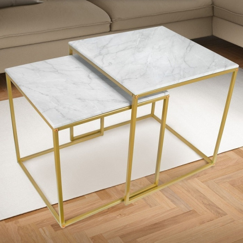 Стол журнальный МеталлАрт М002 белый мрамор золото 