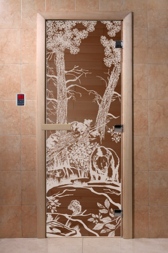 Дверь для сауны Doorwood серия "Мишки в лесу" бронза