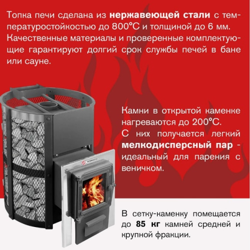 Печь для бани Термофор Кольчуга 14-18 панорамная дверца+парогенератор
