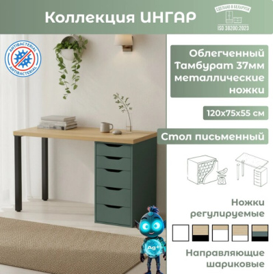 Письменный стол Mio Tesoro Ингар 1/5Т дуб скандинавский серо-бирюзовый черный 