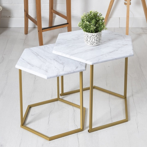 Стол журнальный МеталлАрт М003 белый мрамор золото 