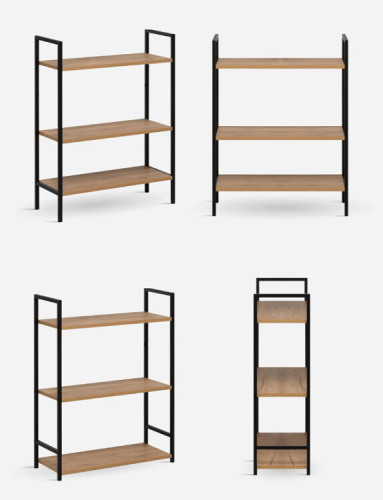 Стеллаж Leset Стилвуд 23 широкий 3 полки черный дуб крафт золотой 