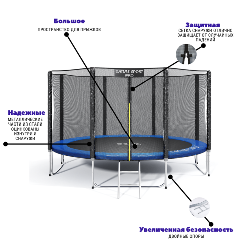 Батут Atlas Sport 404 см (13ft) PRO (усиленные опоры) BLUE