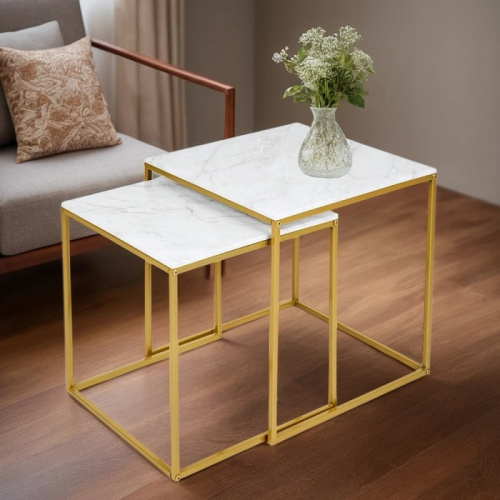 Стол журнальный МеталлАрт М002 белый мрамор золото 