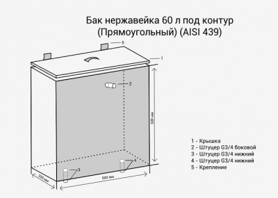 Бак нержавейка 60л под контур Прямоугольный